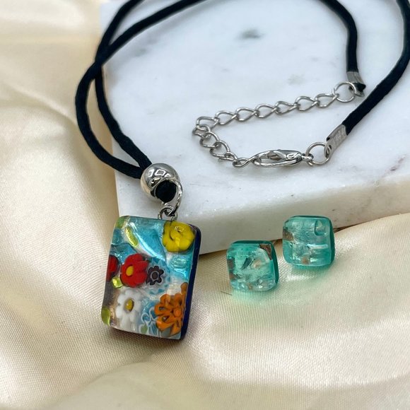 Italian Murano Glass Pendant Necklace & Earrings Set In Sterling Silver - Picture 1 of 5